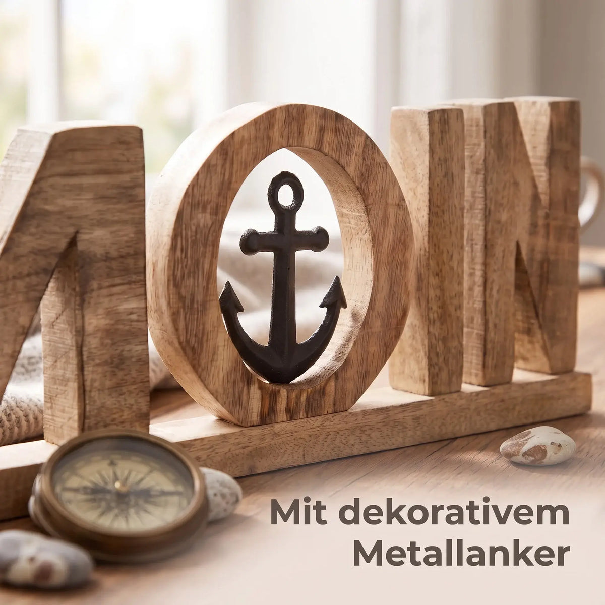 Moin Schriftzug 50 cm aus Mangoholz mit Anker – maritime Deko - Aufsteller