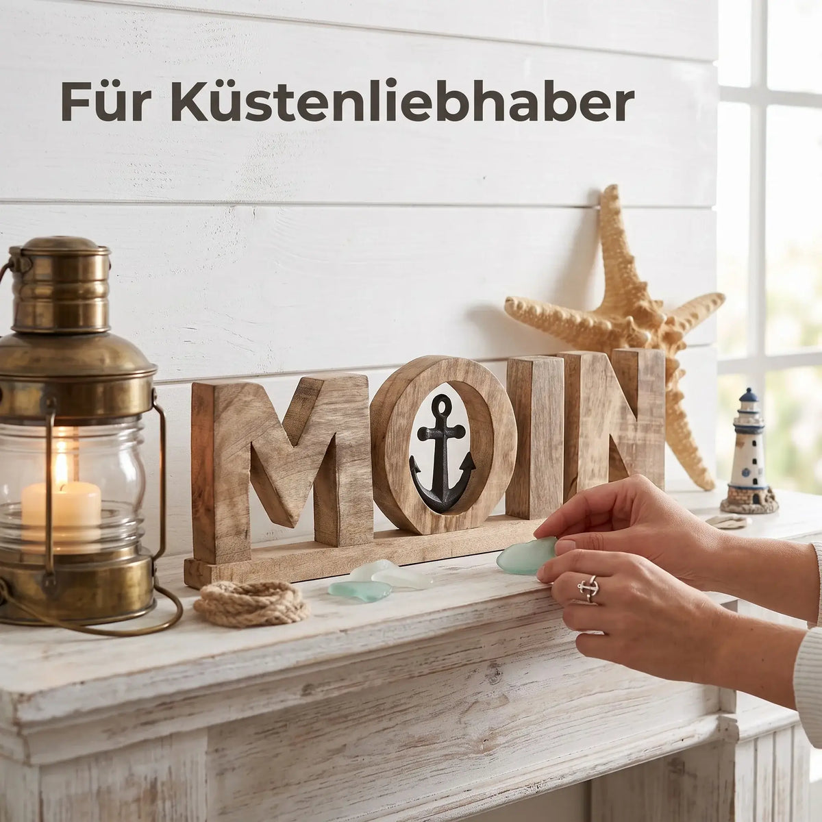 Moin Schriftzug 50 cm aus Mangoholz mit Anker – maritime Deko - Aufsteller