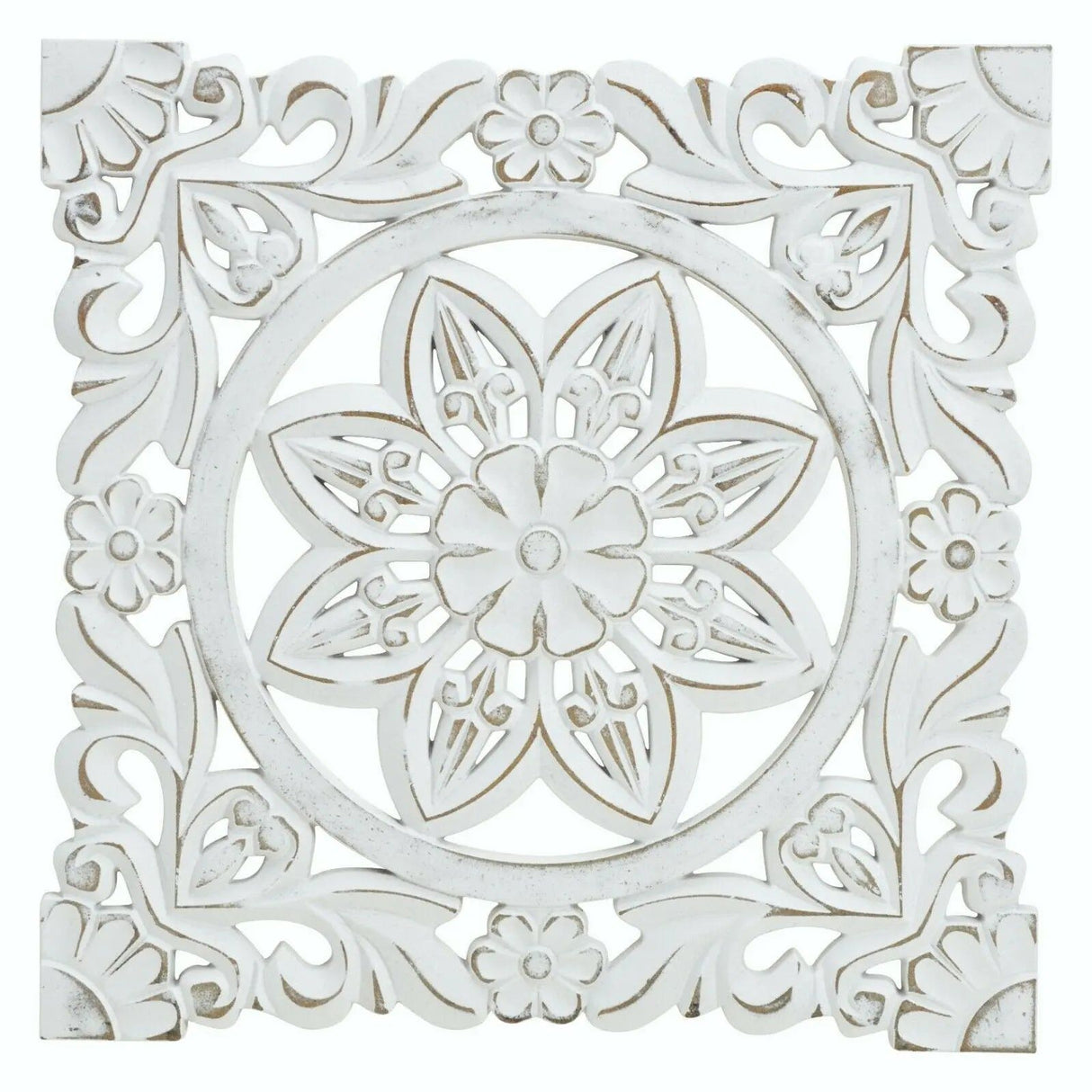 Ornament Holzbild Wandornament Holz shabby weiß Landhaus Dekoration Mandala Deko