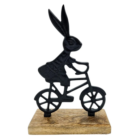 Osterhase schwarz mit Mangoholz Osterdekoration Hase Metallhase auf Fahrrad Riffelmacher - Osterhase