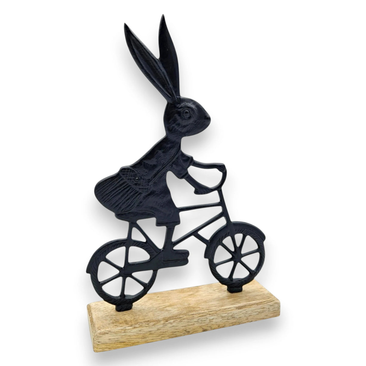 Osterhase schwarz mit Mangoholz Osterdekoration Hase Metallhase auf Fahrrad Riffelmacher