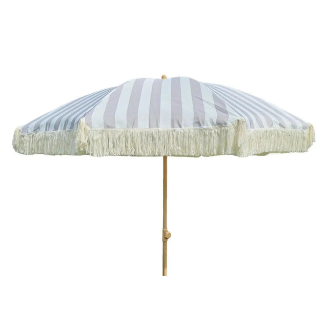 Sonnenschirm Strandschirm Schirm gestreift mit Fransen maritim UV Schutz Ø 180cm - Grau-Weiß - Sonnenschirm