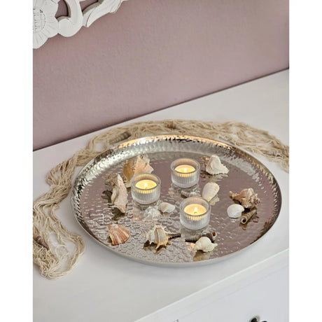 Teller silber Metallteller Deko Schale Hammerschlag Kerzenteller rund 37 cm - Dekoteller