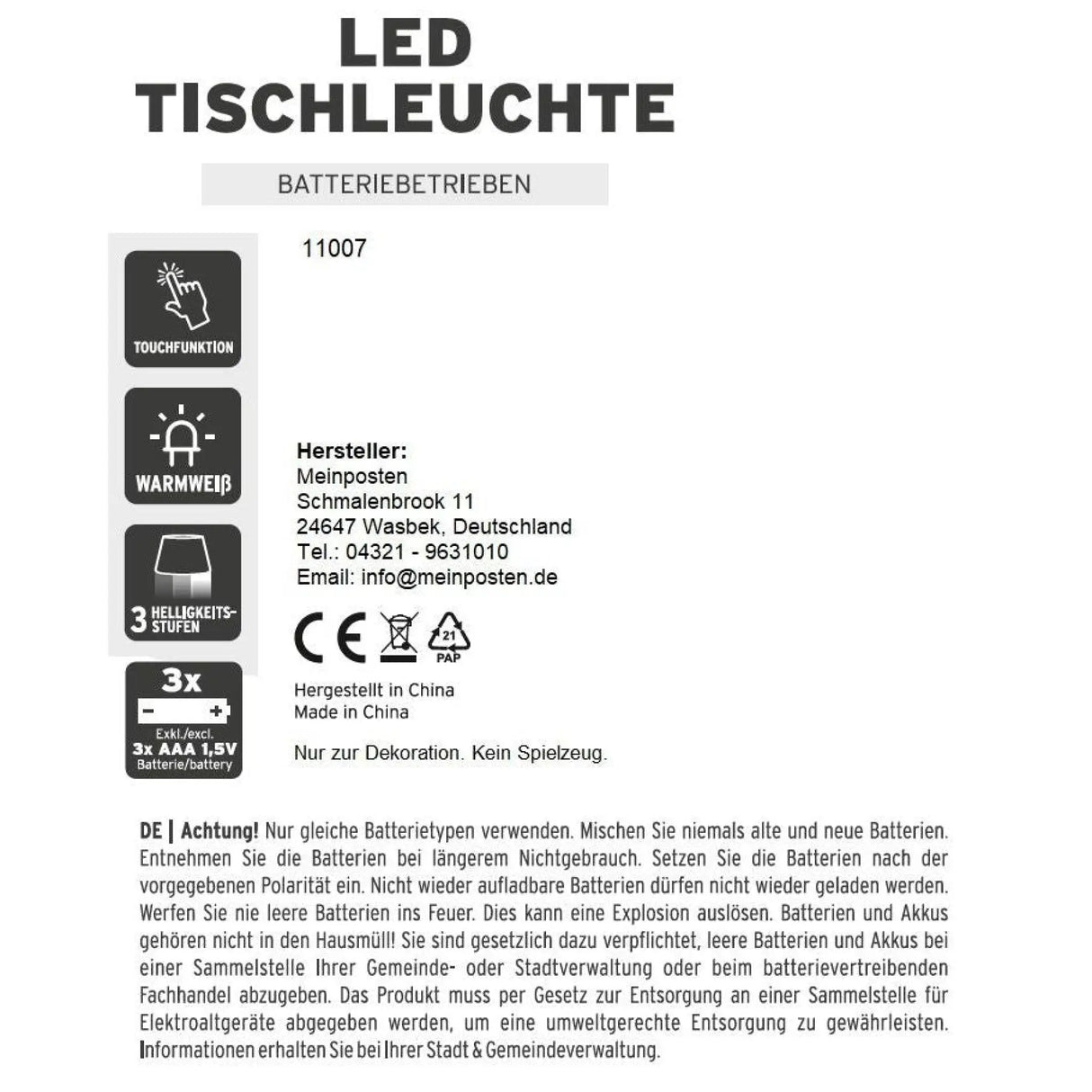 Lampe LED ohne Kabel Touch Tischleuchte Tischlampe Leuchte kabellos dimmbar - Lampe