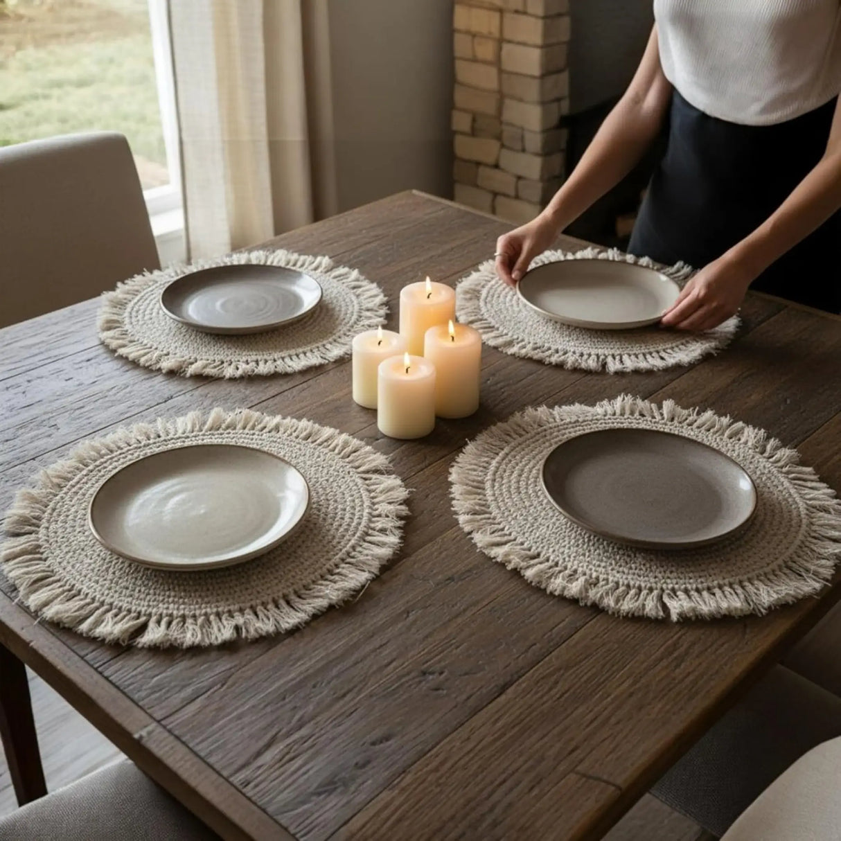 Tischset Makramee Platzset Tischdeko Untersetzer rund boho Deko creme 38 cm - Platzset
