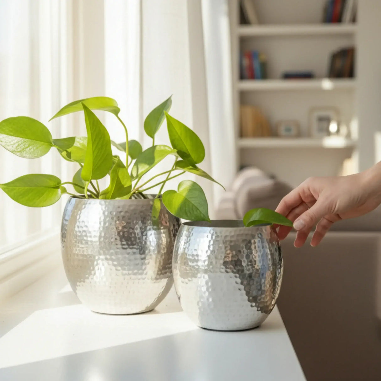 Übertopf Blumentopf Silber Pflanztopf Deko 2er Set glänzend rund Hammerschlag - Blumentopfset